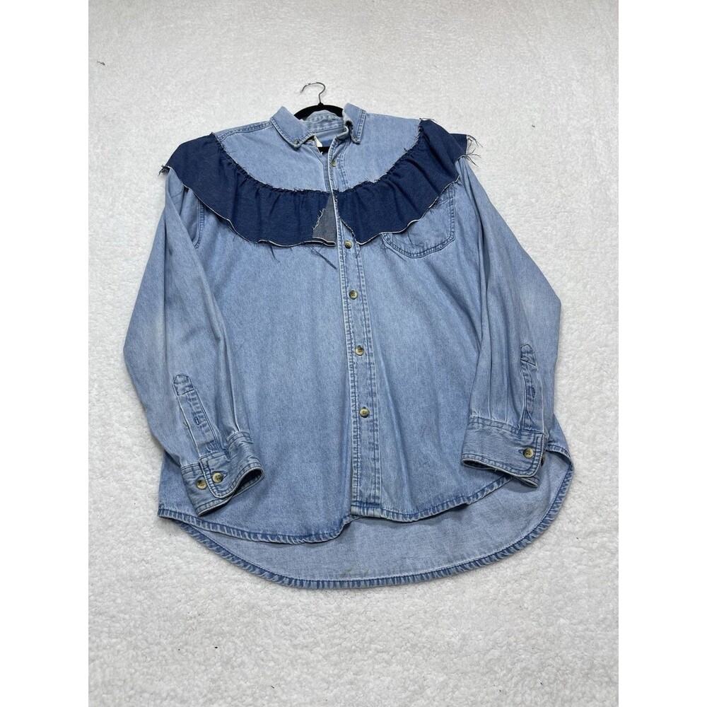 Urban Renewal Button Down Top Women Blue Denim Casual Retro Boho Large